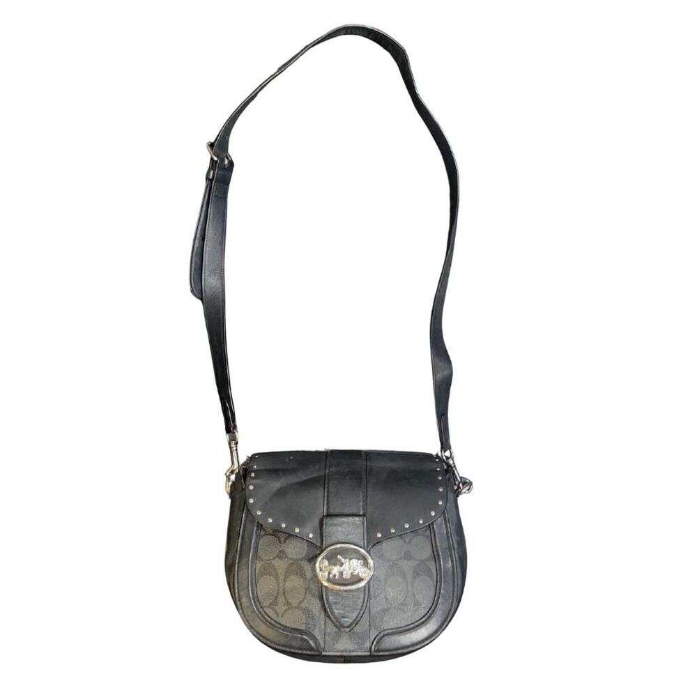 Coach Georgie Studded Leather Saddle Bag Signature Adjustable Crossbody